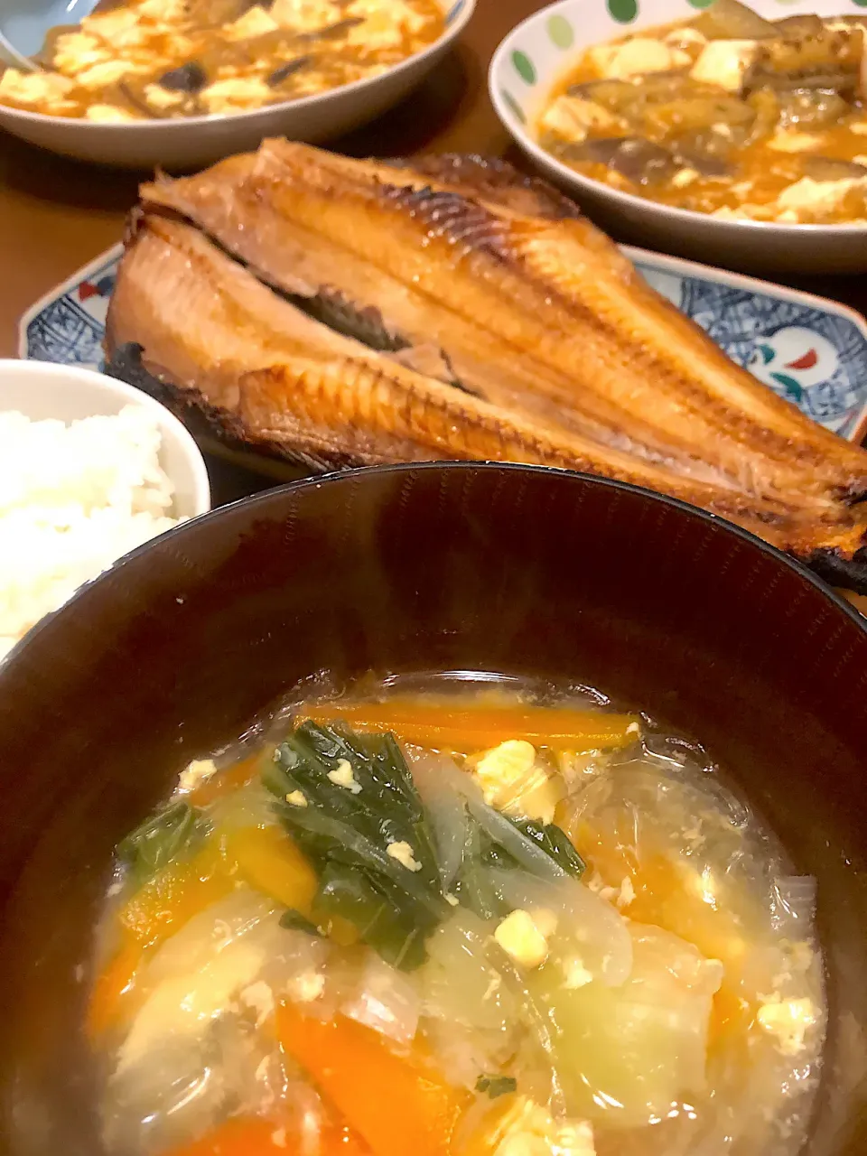 麻婆豆腐茄子入り、ほっけ、野菜具沢山春雨スープ|masaさん