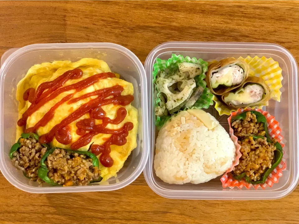 Snapdishの料理写真:タッパー弁当シリーズ！オムライス弁当＆たけのこご飯おにぎり弁当！|ふくすけ食堂さん