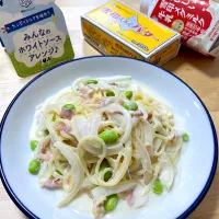 Snapdishの料理写真:ベーコンと枝豆のホワイトソーススパゲティ|たにもこさん