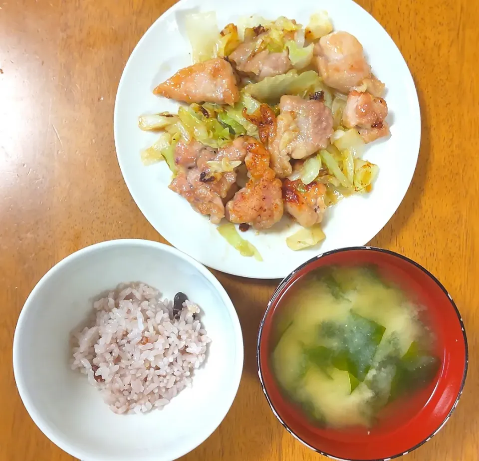 2023 0405　鶏もも肉とキャベツのガーリック炒め豆腐とわかめのお味噌汁|いもこ。さん