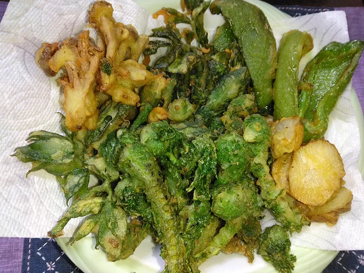 Snapdishの料理写真:山菜や野菜の天ぷら(米粉)|よっちびやばんぶーさん