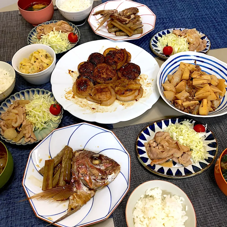 新玉肉詰め、生姜焼き、筍土佐煮、鯛かぶと煮|kekekeさん