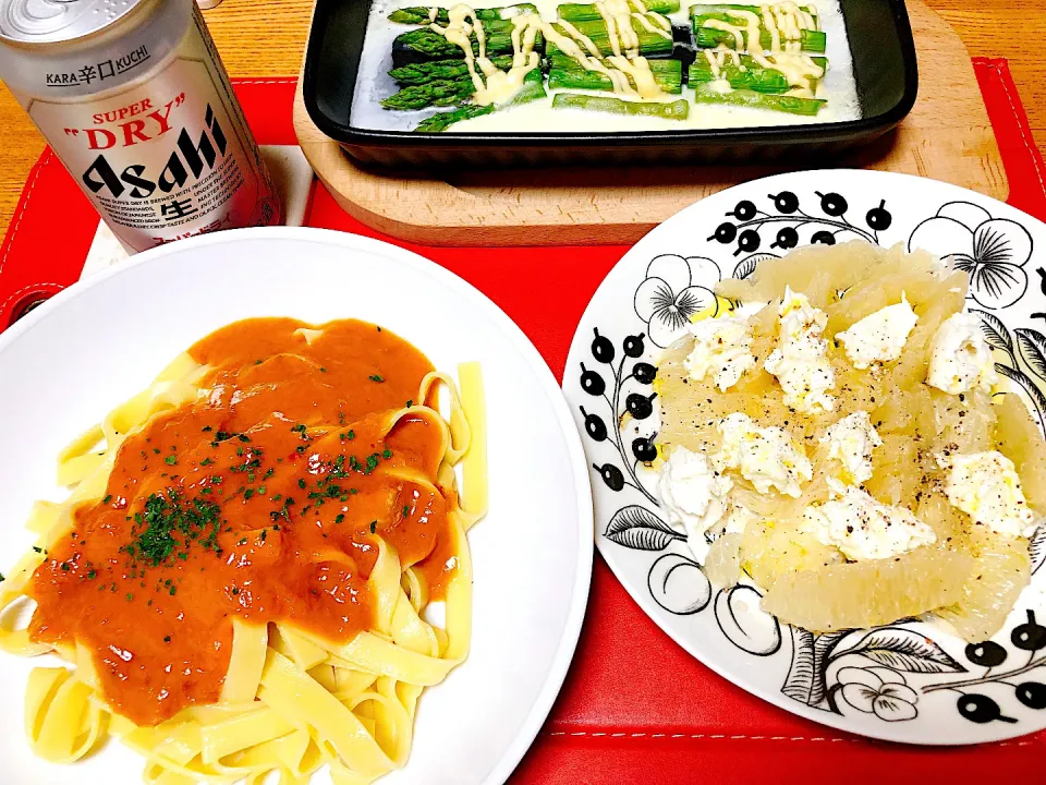 蟹トマトクリームパスタ🍝
文旦のカプレーゼ、アスパラのマヨ焼き|naoさん