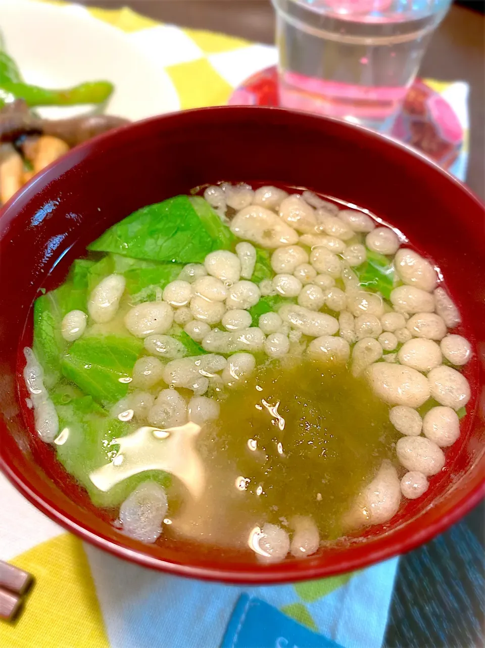 料亭の味　粒みそ　レタス揚げ玉とろろこんぶの味噌汁|うさぎぱんさん