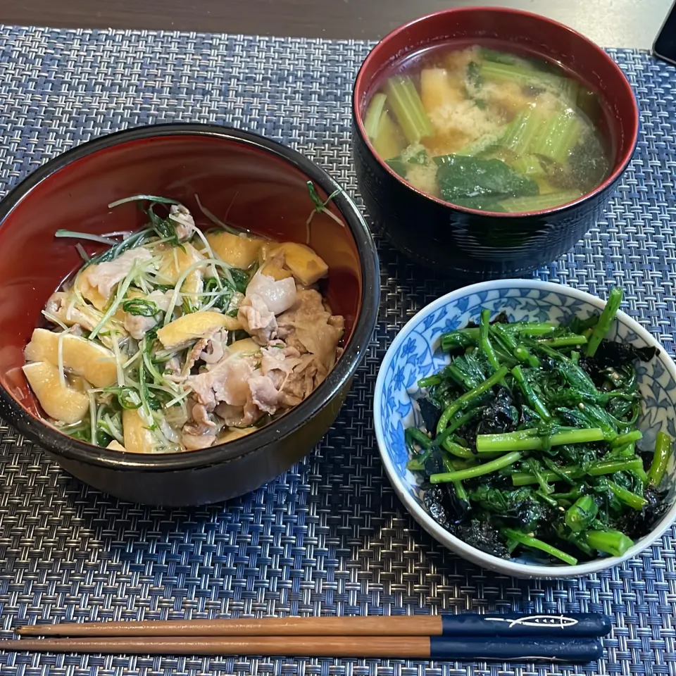 豚肉と水菜の煮物・日本春菊のナムル・小松菜と油揚げの味噌汁|a-parkさん