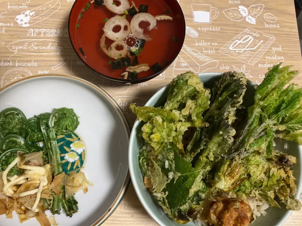 妙高産山菜の天丼とこごみのマヨネーズ和え|駄菓子屋さん