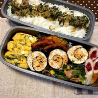 Snapdishの料理写真:大根葉ふりかけ入り卵焼き🥚鶏ひき海苔巻き🐓ほうれん草ベーコン🌽蓮根かぼちゃ🎃竹輪梅✨🍚大根葉ふりかけ|あやこさん