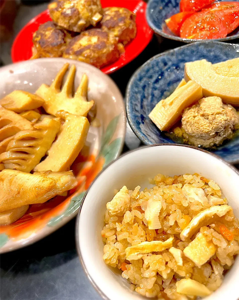 筍ハンバーグと筍とサワラの真子の煮物と筍ご飯と筍バター醤油|hinomizさん