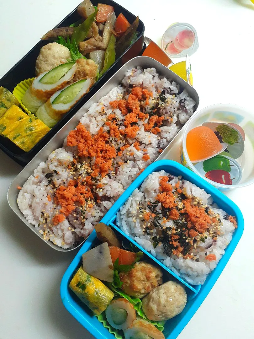 Snapdishの料理写真:☆小学生、中学生弁当☆雑穀米鮭若芽ごはん、筑前煮、三つ葉卵焼き、竹輪胡瓜、ハンバーグ二種、ミニゼリー|ｼｮｺﾗさん