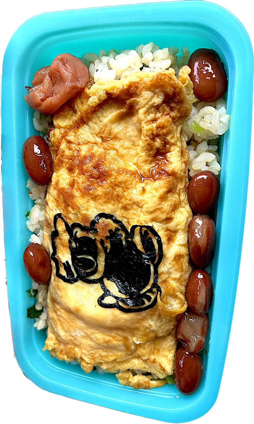 Snapdishの料理写真:#昼飯　茶豆8個と梅としそ挟みチーズオムレツの上に雑魚キャラ海苔乗せロウカット玄米ワカメ混ぜご飯子持ち昆布挟み弁当|ms903さん