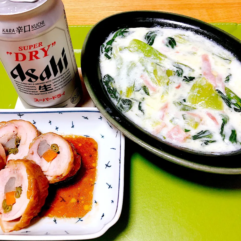 買ってきたチキンロール
作った青梗菜のクリーム煮|naoさん