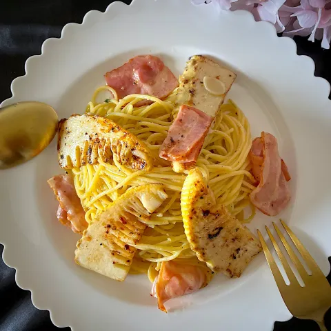 「BOSCOエキストラバージンオリーブオイル」を使ってみたSnapdishの料理・レシピ写真:たけのこのパスタペペロンチーノ🧄