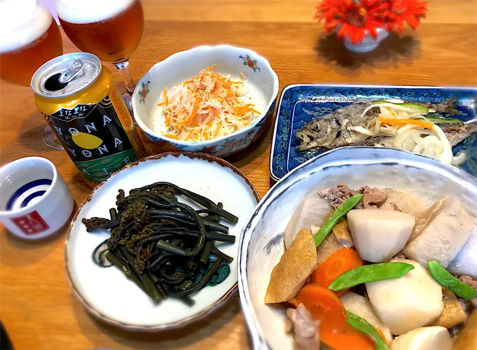 わらびのさっと煮　豚と里芋の煮物　大根なます　鯵の南蛮漬け|じゅんさんさん