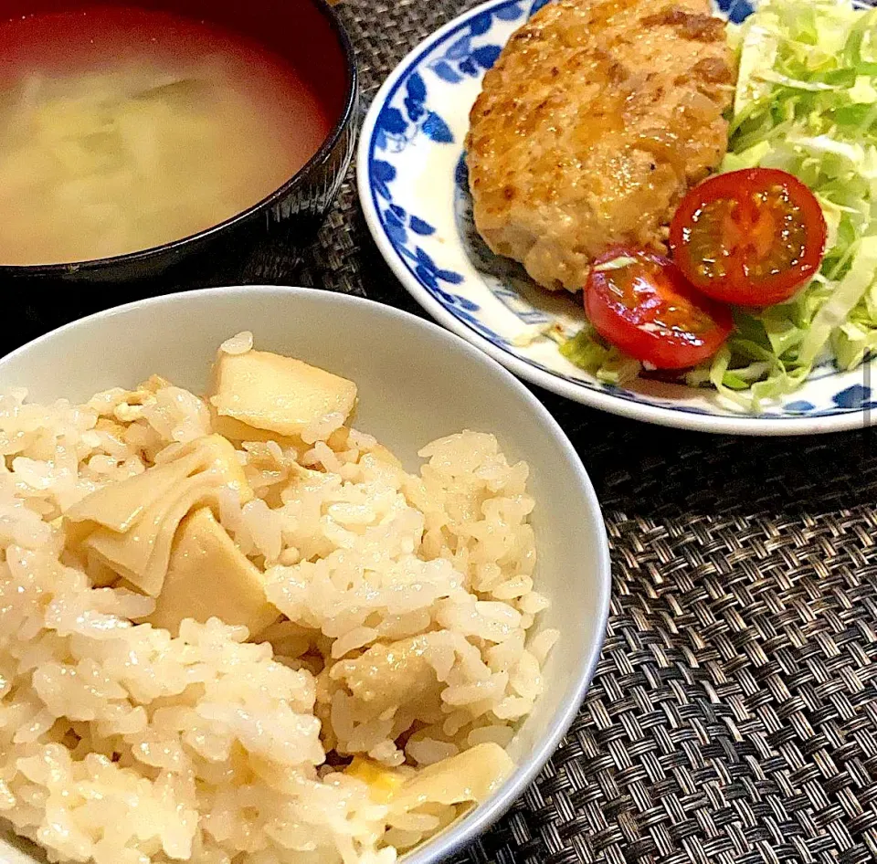 自炊　筍ご飯　豆腐ハンバーグ　味噌汁|みんさん