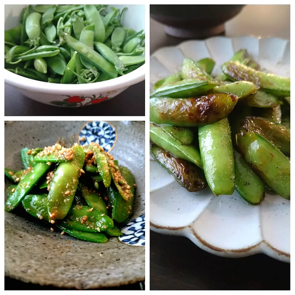 絹さやの胡麻和え
焼きスナップえんどう　岩塩と黒胡椒で🌿|とだともさん