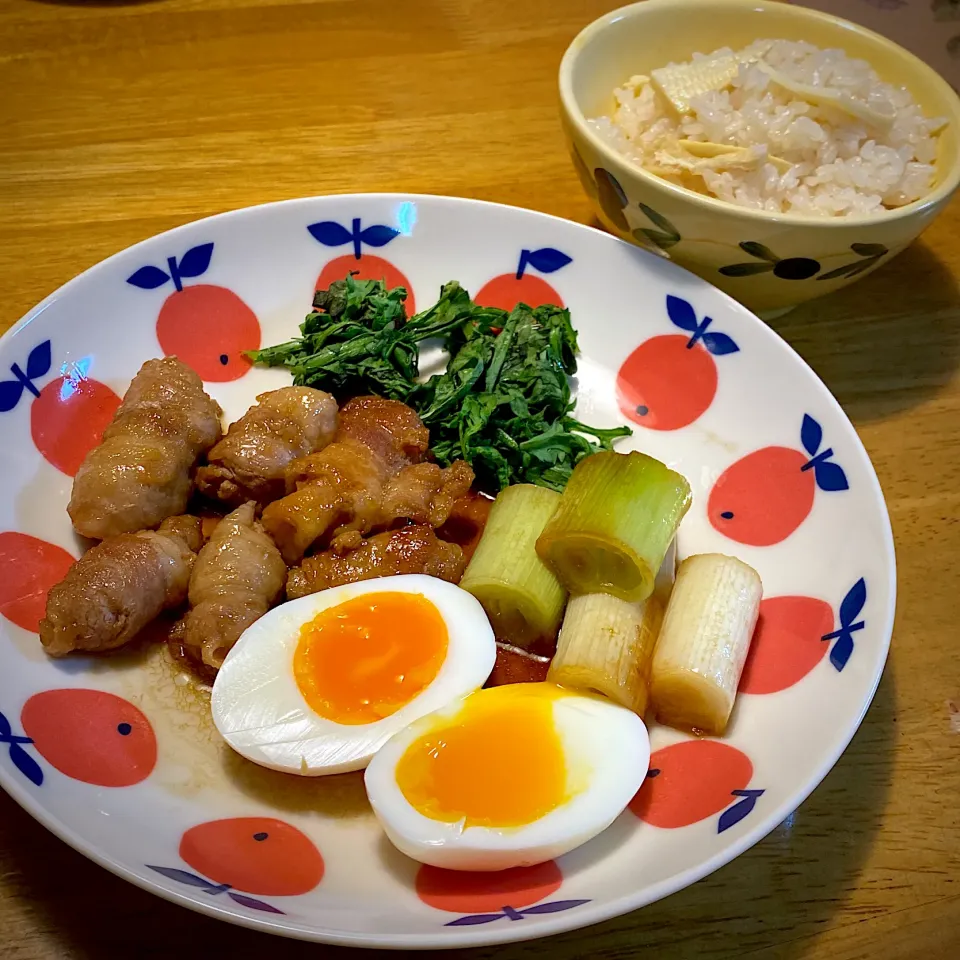 くるくる豚バラの角煮風と、筍ごはん|もえさん