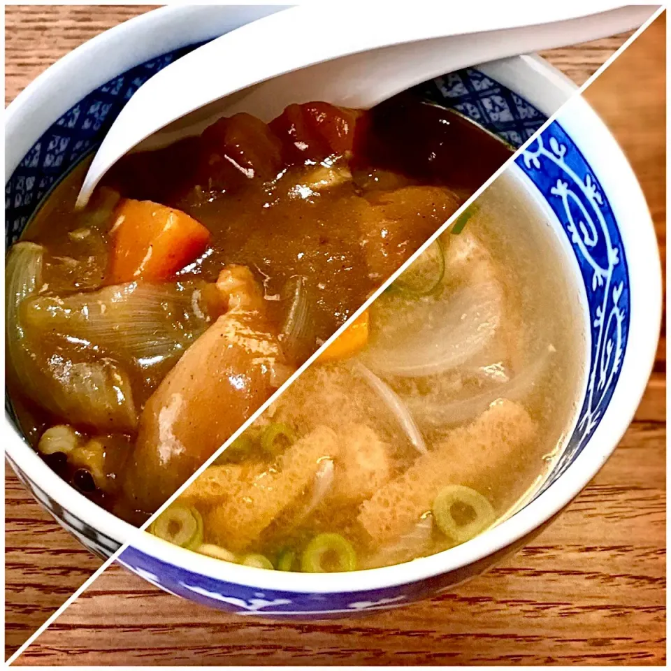 そば屋風カレー小丼と味噌汁に青菜のお浸しを添えて朝ごはん|ばくあんしゃさん