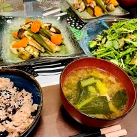 Snapdishの料理写真:手羽先と野菜のグリル/水菜とミツバの和サラダ/小松菜のお味噌汁/赤飯|Moeka🐶❤️さん