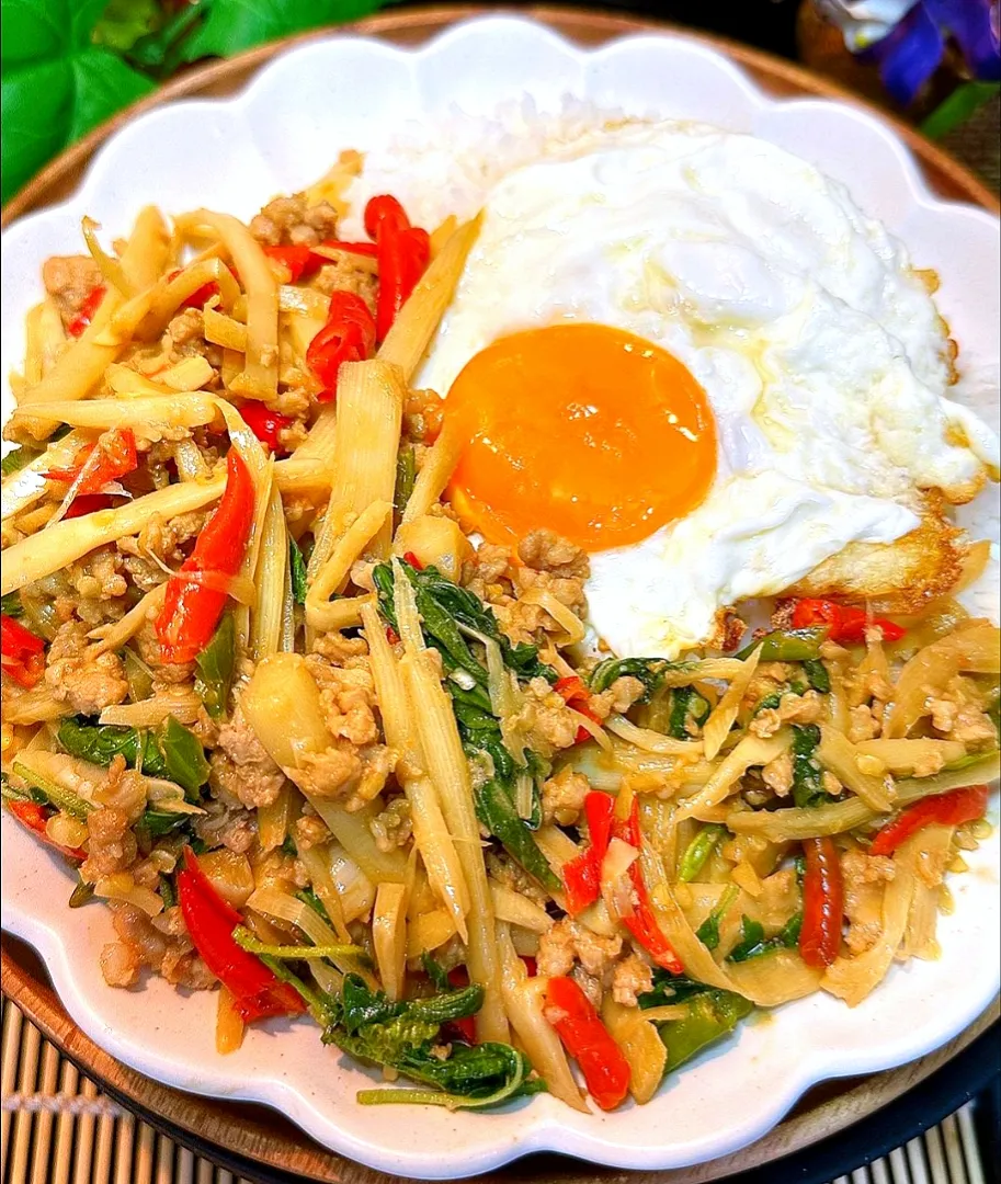 Stir-fried Bamboo Shoots & Minced Pork Gaprao Topped w/ Fried Egg 🐷🌶️🍳😋
...
...
Savory, Spicy & Scrumptious ｡◕‿◕｡|An'leeさん