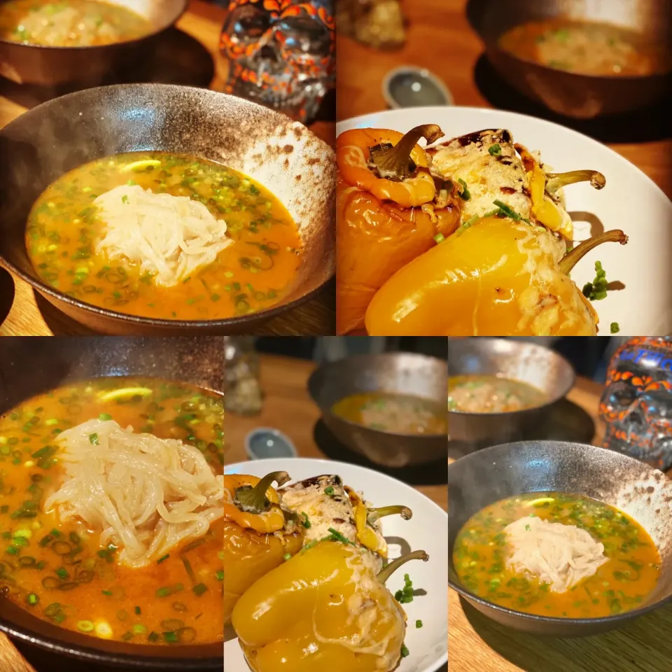 Dinner ! Dinner ! 
Rice Noodles with Miso Tum Yum Stock with Chives 
Stuff Peppers Baked with Rice,Tomato’s,Pork,and cheddar cheese 🧀 
#noodles #peppers #rice |Emanuel Hayashiさん