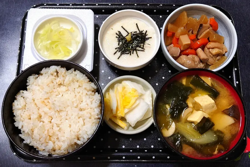 Snapdishの料理写真:今日の朝ごはん（発芽玄米ごはんに鶏肉と野菜の煮物、山芋のとろろ、納豆、豆腐とエリンギのみそ汁、白菜漬）|Mars＠釜飯作り研究中さん