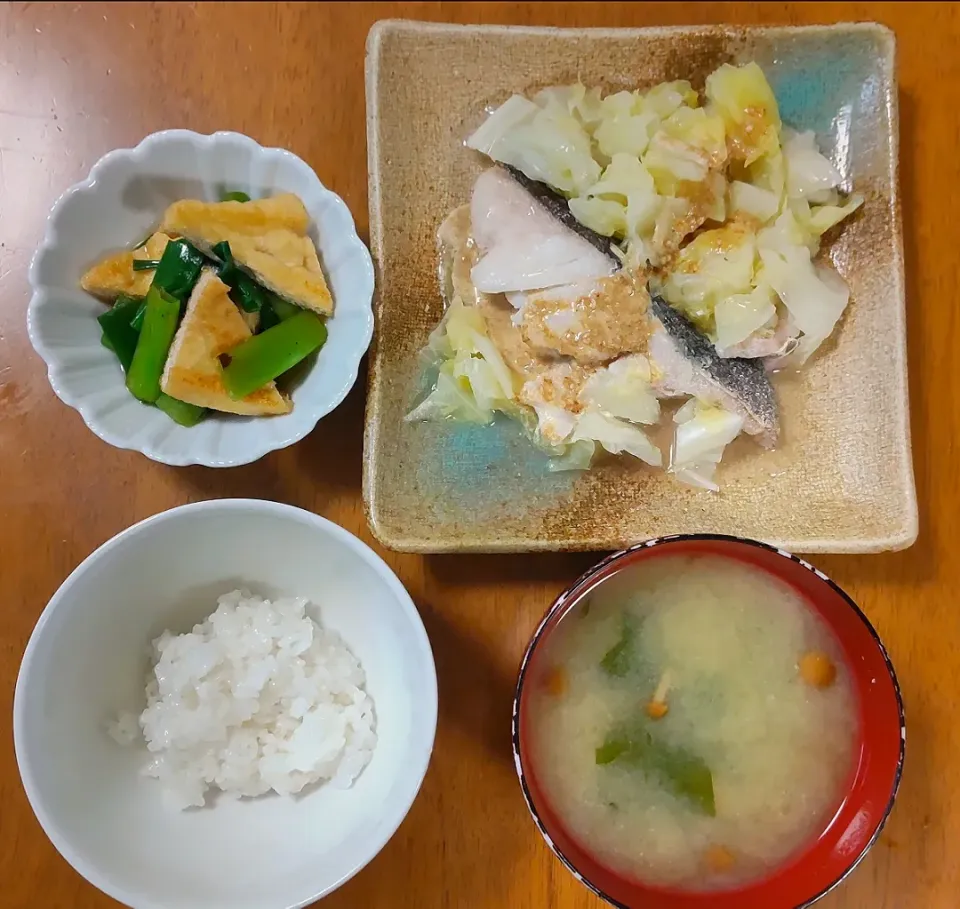 2023 0417　鱈とキャベツの蒸し物　お揚げと九条ねぎの煮浸し　なめことわかめのお味噌汁|いもこ。さん