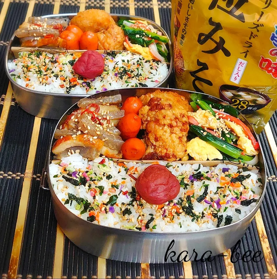 母とムスコのラブラブおソロ♪粒みそこんにゃくきんぴら＆冷食保険弁当|からあげビールさん