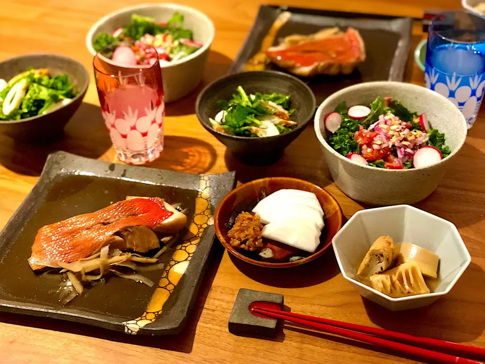 金目鯛の煮付けと朝採れたけのこの夜ご飯|こんぶさん