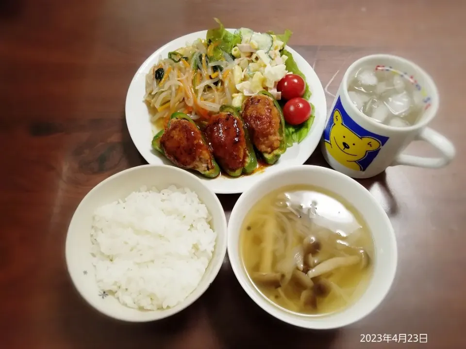 2023年4月23日の晩ご飯
ピーマン肉詰め
厚揚げの野菜あんかけ
マカロニサラダ
しめじと新玉ねぎのスープ
焼酎水割り|ソラ♂のご飯さん