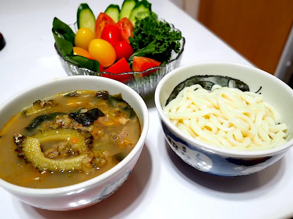 Snapdishの料理写真:緑豆と夏野菜のつけ汁うどん|マニラ男さん