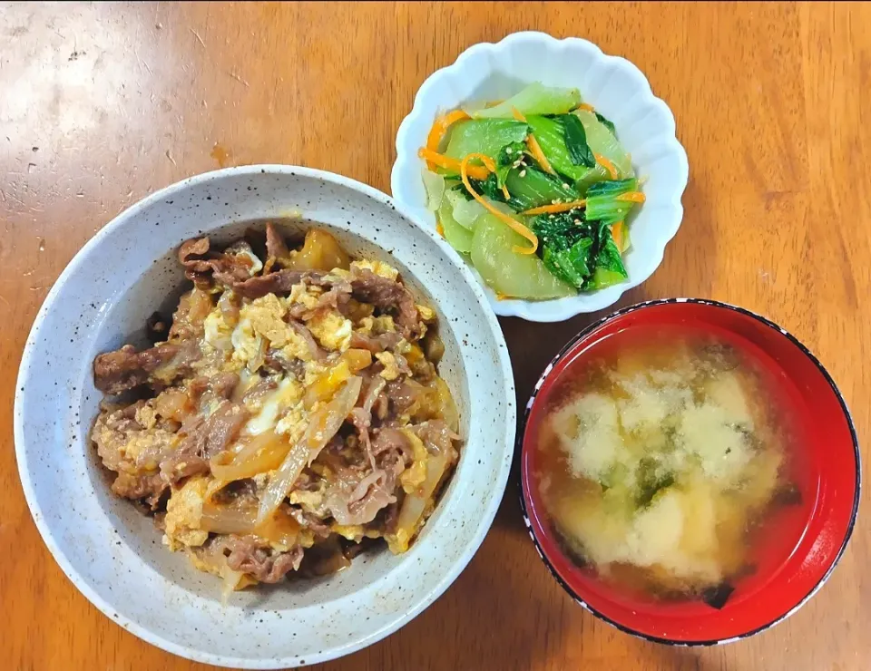 Snapdishの料理写真:2023 0424　他人丼　チンゲン菜のナムル　豆腐とわかめのお味噌汁|いもこ。さん