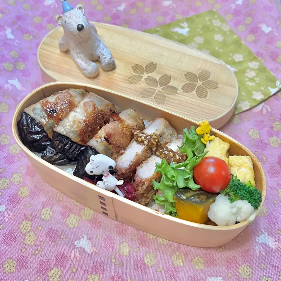 茄子の豚ロール照り焼き＆チキンカツ☘️の💙ちゃんお弁当　4/27木|sweet homeさん