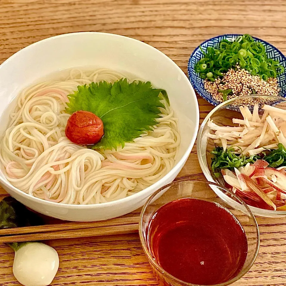 Snapdishの料理写真:梅ダレひやむぎde昼ごはん|ばくあんしゃさん