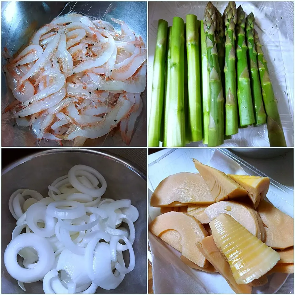 春の揚げ物　(白えび　アスパラ　新玉ねぎ　味つけたけのこ)|あかね空さん