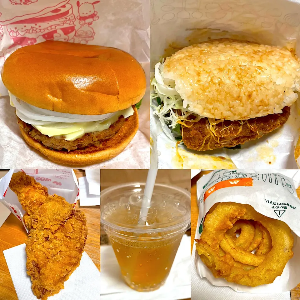 たまねきチーズバーガー🍔　夜カツレツライスバーガー🍚　モスチキン🍗　オニオンフライ🧅　ジンジャーエールS🥤|るみおんさん