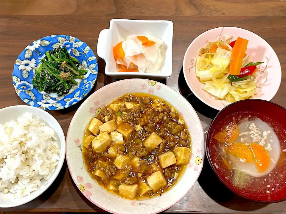 Snapdishの料理写真:麻婆豆腐　かぶの中華スープ　野菜炒め　蕪と人参の紅白なます　ほうれん草のごま和え|おさむん17さん