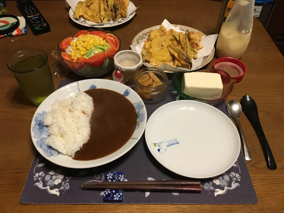 カレーライス、自家製天ぷら盛り合わせ、サラダ、冷奴(夕飯)|enarinさん