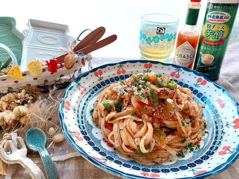 冷やしナポうどん🍅🎐|がぁがさん