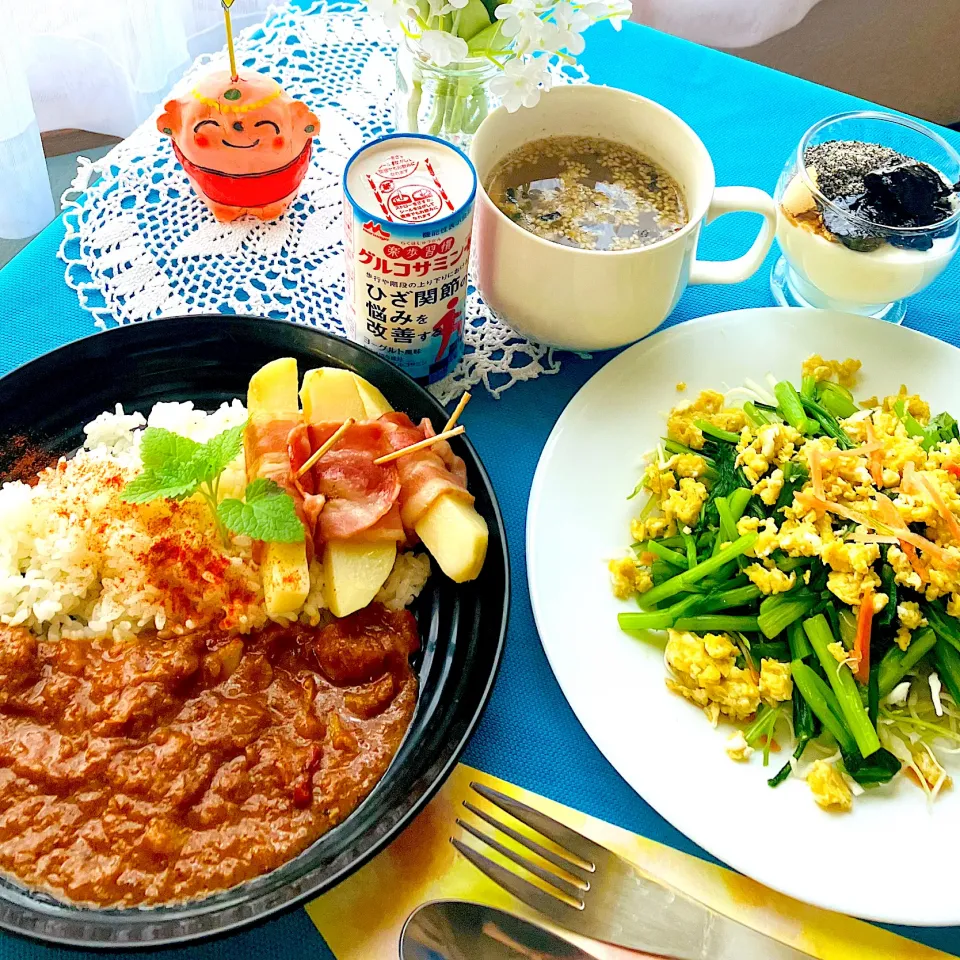 スパイスカレー🍛ベーコンポテト🥓春菊サラダ🥗|HAMI69さん