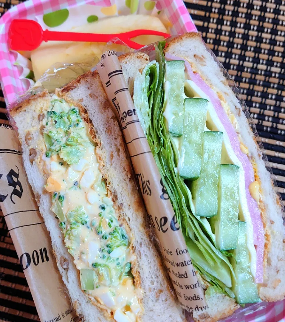 Snapdishの料理写真:サンドイッチ弁当🍱
*ハム、レタス、キュウリ、チーズ
*茹で卵、ブロッコリー|ポチさん