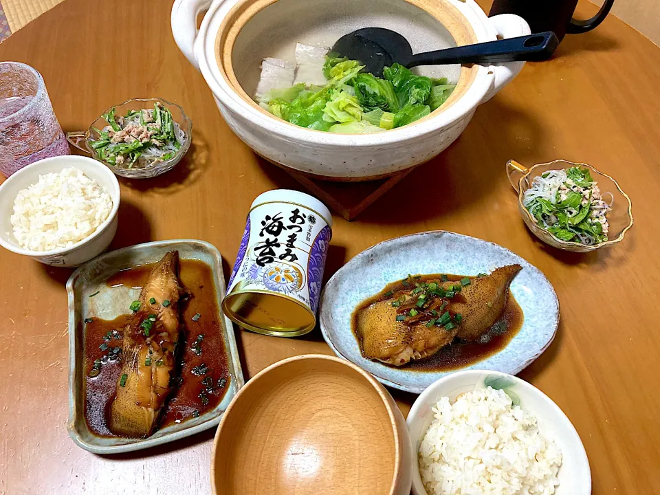 カレイの煮付け、春雨サラダ、レタスの翡翠スープ、五分づき米ご飯、うに海苔|さくたえさん