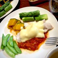蒸し鱈のトマトソース🍅チーズ乗せ🧀