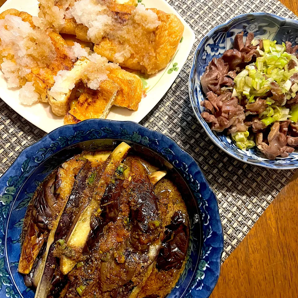 自炊　おかず 砂肝 焼き油揚げ 揚げなす|みんさん