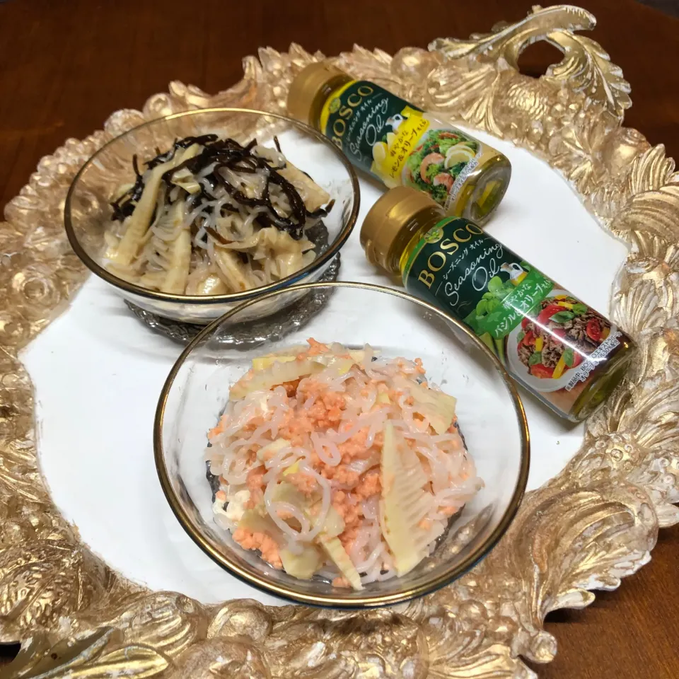 豆腐麺＆たけのこ＊昆布和え＊シャケマヨ和え🎍バジルオリーブオイル🫒|henryさん