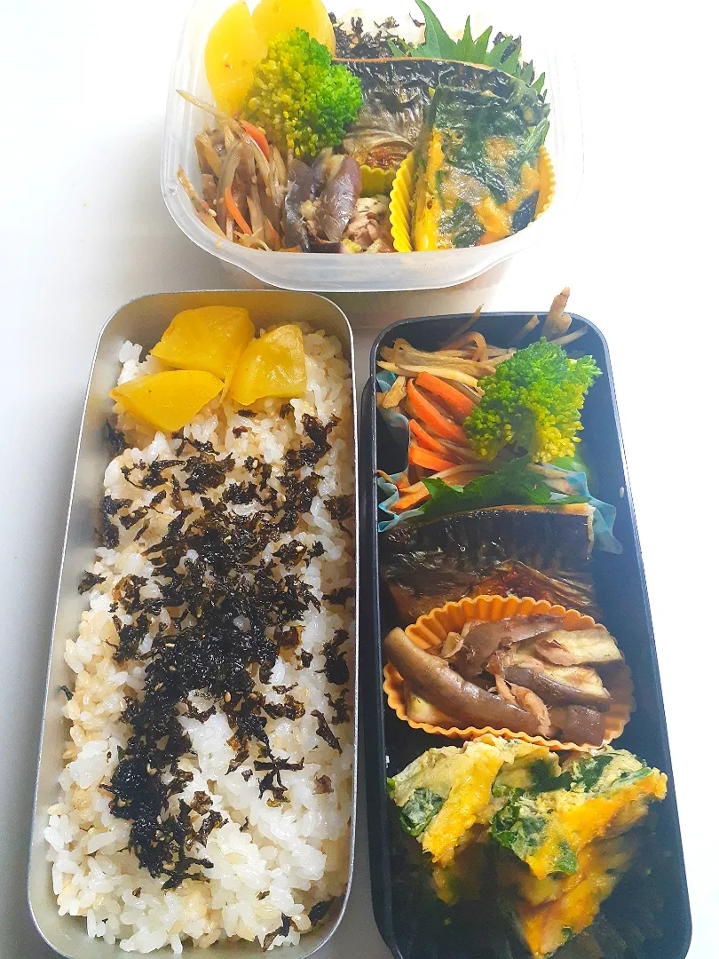 ☆中学生、夫弁当☆玄米入り海苔ごはん、金平牛蒡、ブロッコリー、鯖、無限茄子、ほうれん草ベーコンオムレツ|ｼｮｺﾗさん