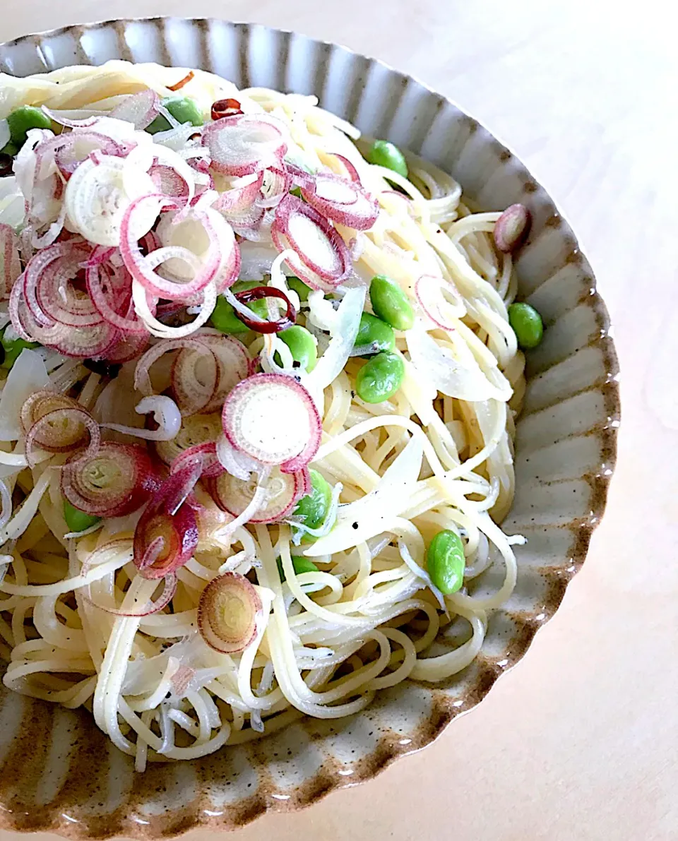 しらす、枝豆、茗荷のオイルパスタわんぱく盛り.|ちくわ.さん