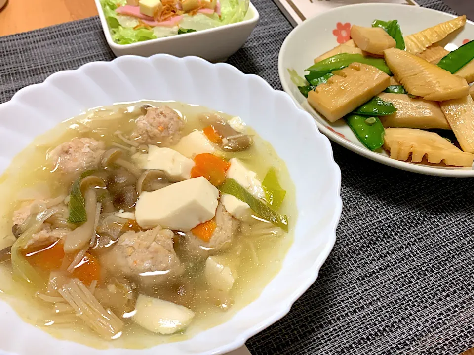 鶏団子鍋、スナップえんどうとたけのこ炒め|maa@さん