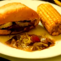 Snapdishの料理写真:my tasty dish for today.  my BBQ pork sub sandwich  with a side of cabbage and a side of  whole buttery corn|Carolyn Sincere Marshallさん