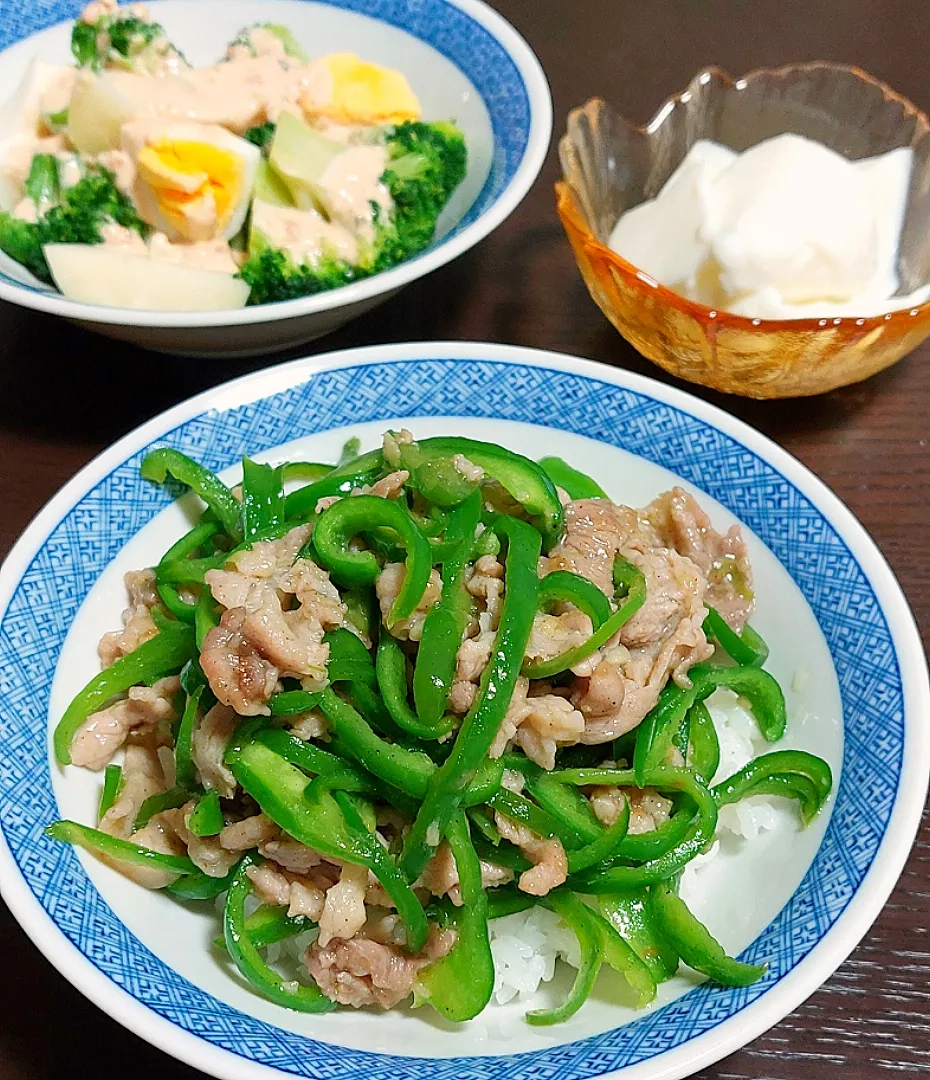 ピーマン肉炒め丼～😋🍴💕|きつねさん