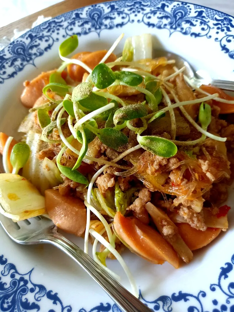 Stir-fried Glass Noodles w/ Minced Pork, Sausages & Sunflower Sprouts 🤤|An'leeさん